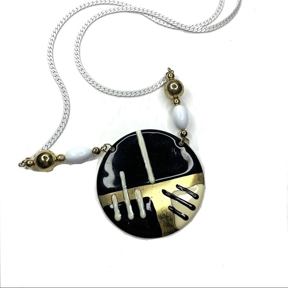 Vintage Gold, Black, & White Chunky Circle Pendant Necklace - Picture 1 of 5